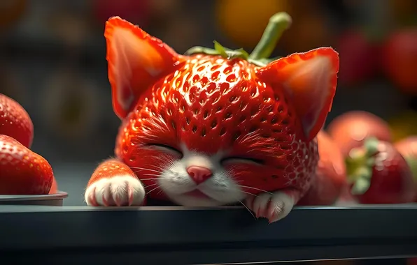 Cat, cat, red, kitty, fantasy, sleep, legs, strawberry