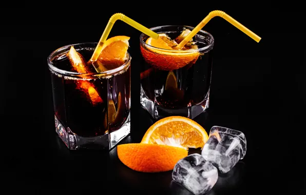Orange, glasses, ice, drinks, slices, orange, tube, cola