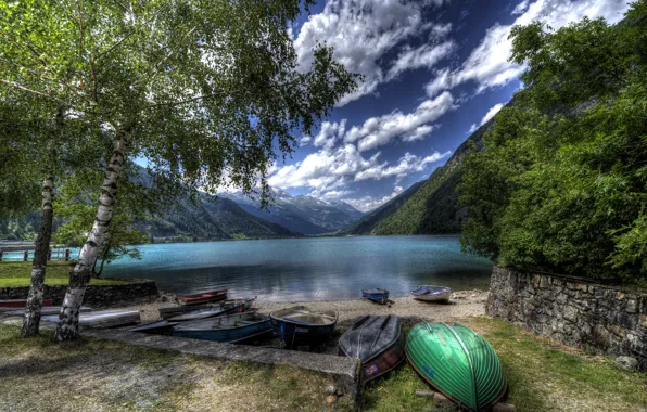 Picture clouds, trees, mountains, lake, shore, boats, Switzerland, hdr