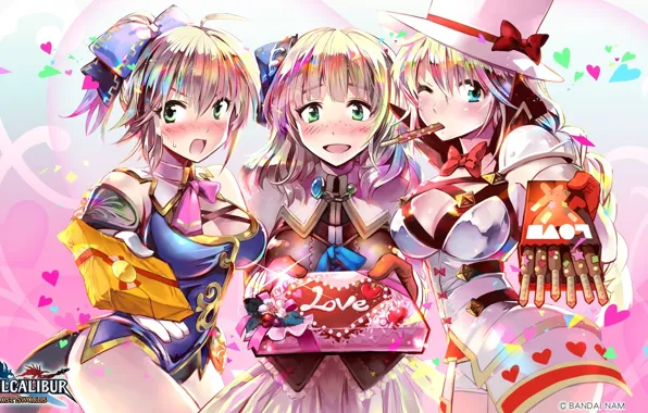 Picture gift, hat, hearts, blush, Soul Calibur, bow, three, friend