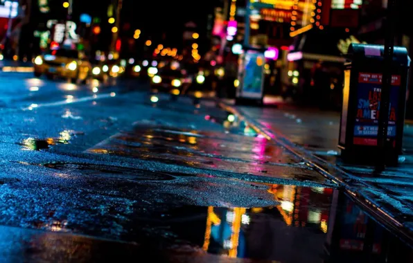 Road, machine, the city, lights, street, the evening, after the rain, puddles