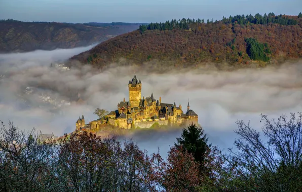 The city, fog, photo, castle, Germany, Cochem, Castle