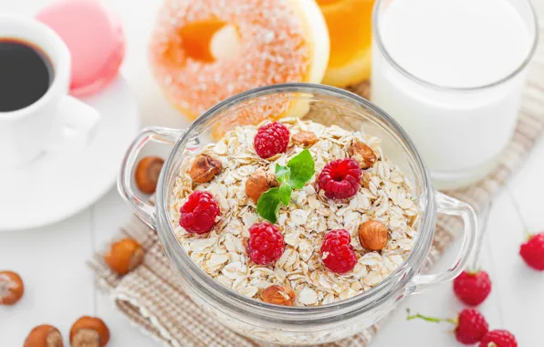 Picture coffee, Breakfast, nuts, muesli, oatmeal