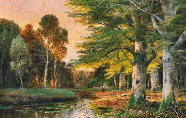 Girl, Trees, Picture, River, Alois Arnegger, Alois Arnegger, Austrian painter, A brushwood collector in the …