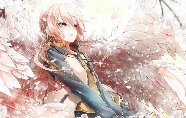 Girl, anime, Sakura, art, angel. wings. spring