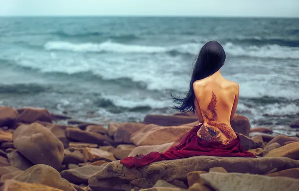 BACKGROUND, BODY, GIRL, STONES, SEA, WATER, HORIZON, The SKY