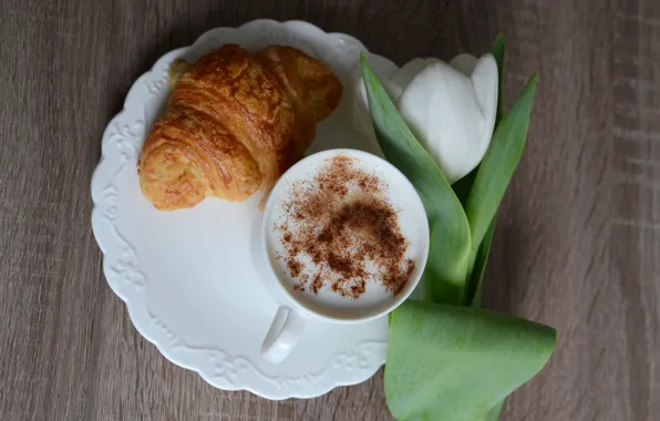 Picture white, flowers, close-up, plate, Cup, tulips, drink, cappuccino