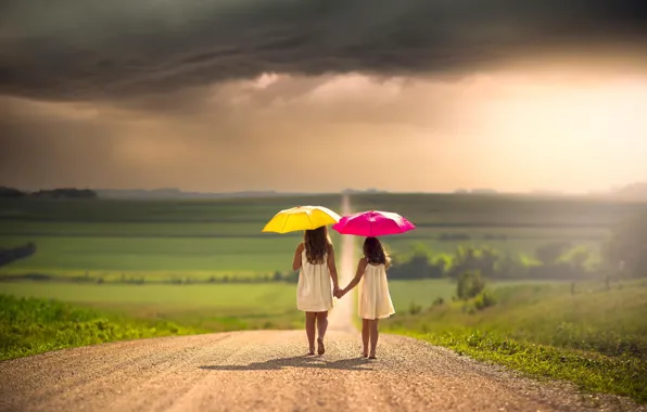 Road, clouds, children, girls, space, umbrellas, bokeh