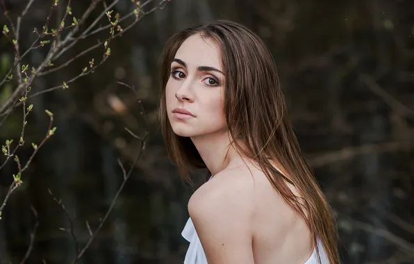 Look, girl, branches, nature, pose, portrait, makeup, brown hair