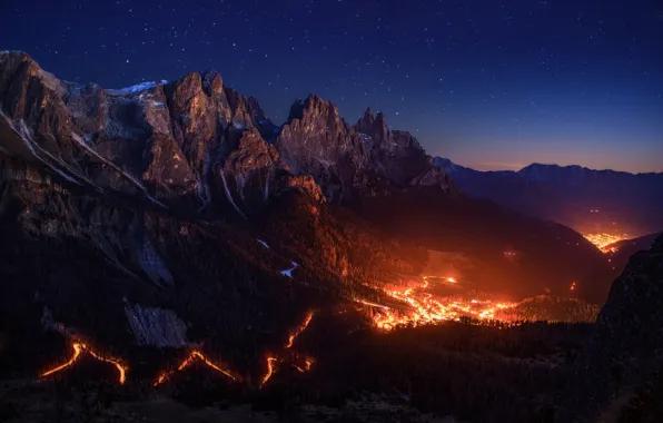 The sky, stars, light, mountains, night, fire, valley, Alps