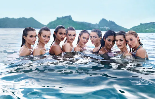 Picture sea, girls, model, wet, in the water, Candice Swanepoel, Elsa Hosk, Victoria's Secret Angel