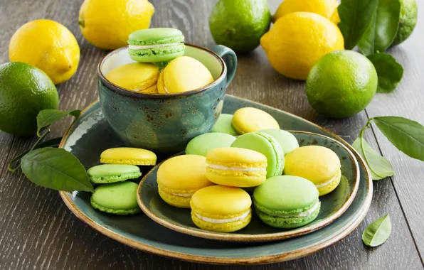 Lemon, cookies, plate, Cup, lime, fruit, yellow, green