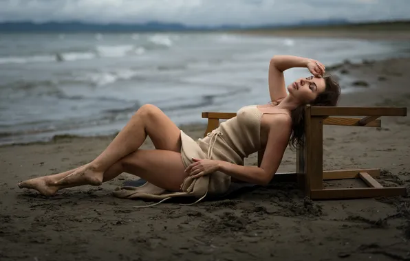 Picture sand, sea, girl, chair, Andrey Serenkov