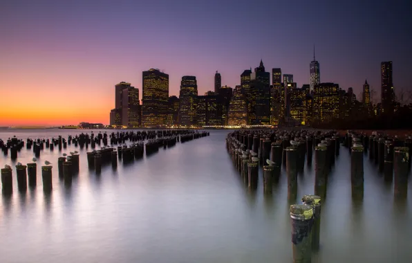 Water, landscape, sunset, New York, skyscrapers, USA