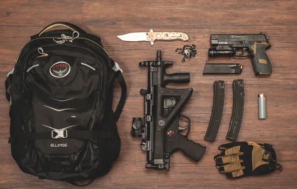 Gun, lighter, knife, machine, cross, satchel, clips