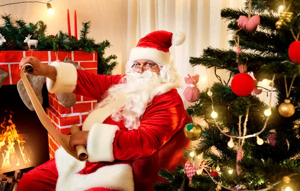 Christmas, New year, tree, fireplace, Santa Claus, list, a celebration
