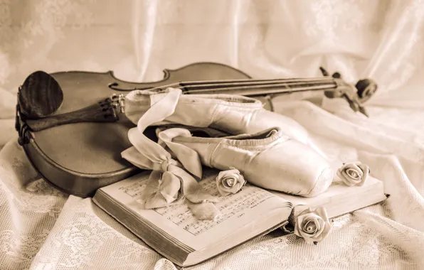 Picture notes, violin, roses, tape, still life, vintage, Pointe shoes