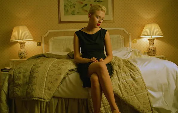 Lamp, bed, interior, actress, blonde, scarlett johansson