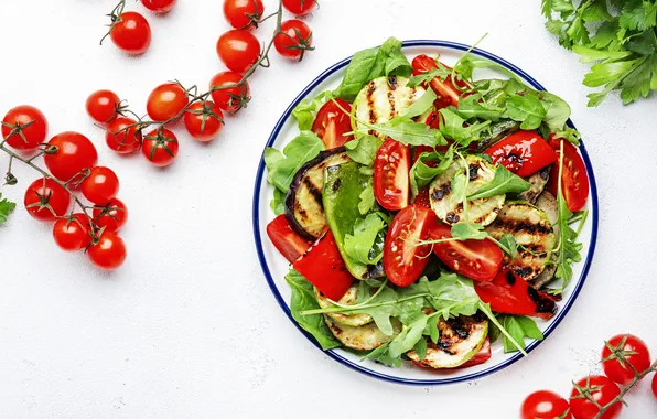 Greens, table, food, plate, eggplant, white background, pepper, vegetables