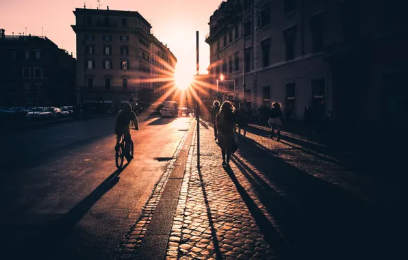 Picture the sun, street, street, passers-by, cityscape, urban landscape