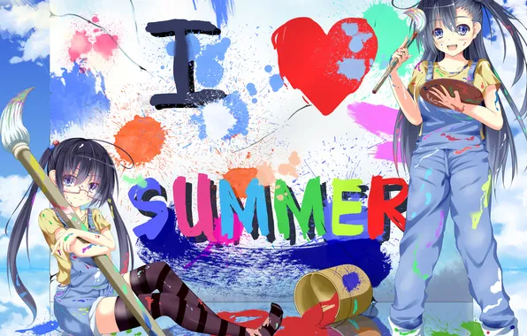 The sky, girl, clouds, paint, anime, art, glasses, brush