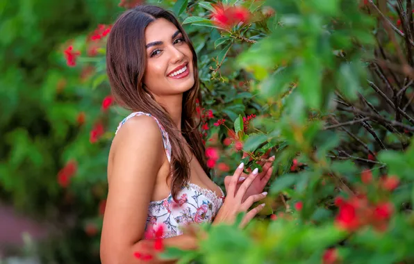 Girl, flowers, pose, smile, hands, the bushes, long hair, Veronica
