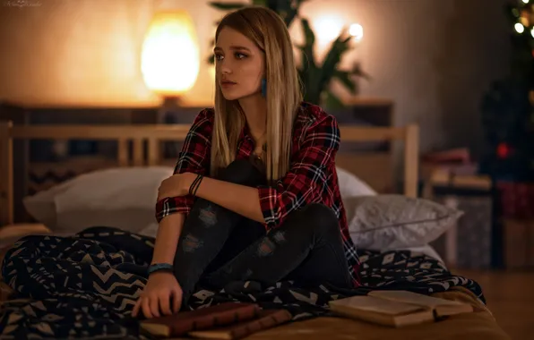 Girl, sweetheart, model, Jeans, blonde, Wallpaper, Bed, Pendant