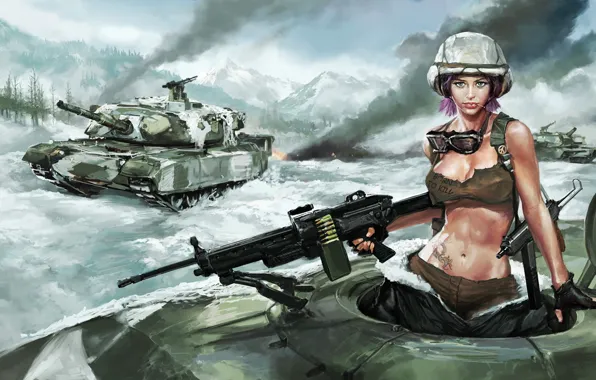 Girl, snow, tank, machine gun