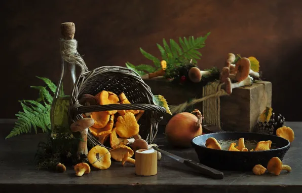 Table, mushrooms, bottle, food, bow, knife, still life, basket