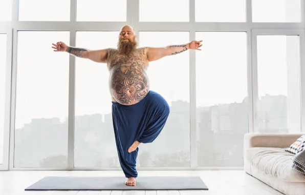 Picture pose, tattoos, yoga, beard, fat