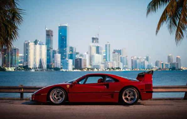 The city, morning, Ferrari, F40, Florida, Miami