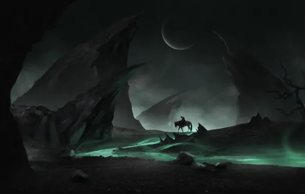 Horse, Night, Rocks, The moon, The way, Warrior, Moon, Fantasy