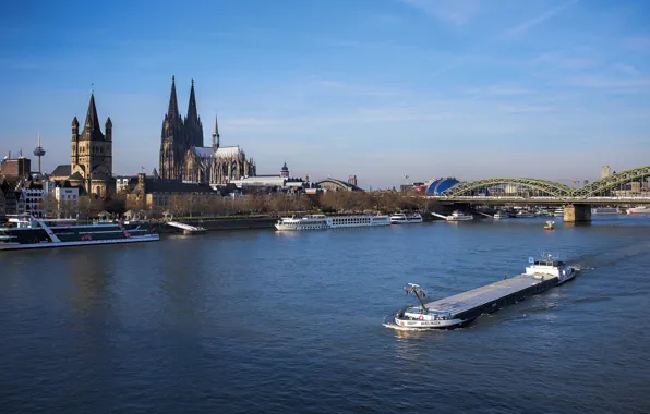 Bridge, river, Germany, Cologne Cathedral, barge, Cologne, Rhine