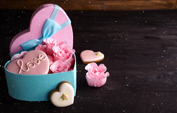 Box, gift, heart, roses, colorful, love, heart, romantic