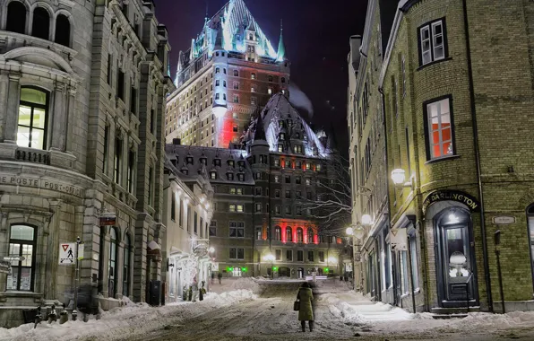 Winter, night, lights, street, home, Canada, QC, the château Frontenac