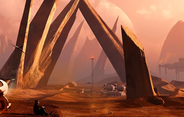 Sand, rock, people, planet, space station, starship, memento mori