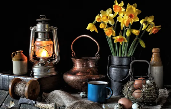 Flowers, eggs, lantern, dishes, still life, daffodils, copper