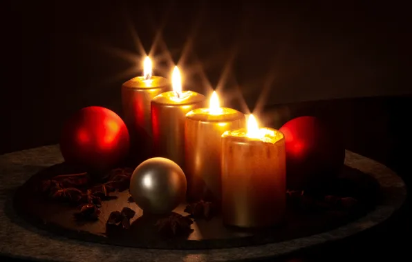 Balls, light, lights, the dark background, table, flame, candles, Christmas