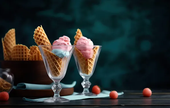 Berries, glasses, ice cream, dessert, bowl, digital art, AI art, neural network