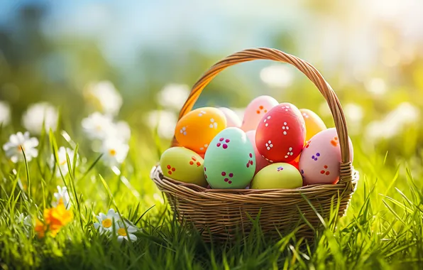 Flowers, basket, glade, eggs, spring, colorful, Easter, happy
