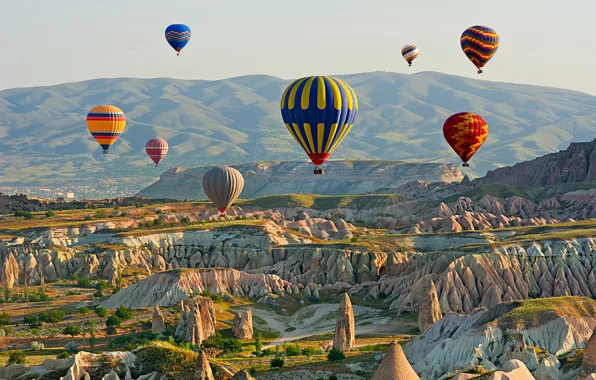 The sky, the sun, mountains, nature, balloons, rocks, colorful, Turkey