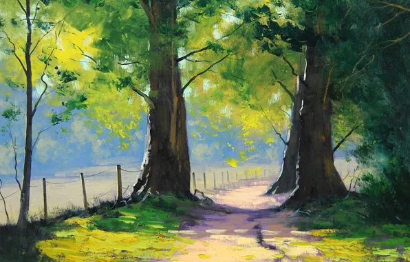 Road, greens, summer, trees, the fence, art, artsaus