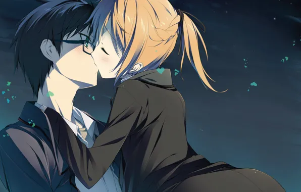 Night, kiss, glasses, hearts, two, art, mayo chiki, kinjieou sakamachi