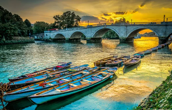 The sky, clouds, trees, sunset, bridge, river, boat