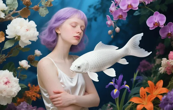 Dreams, flowers, beautiful girl, Nega, purple hair, fantastic art, another reality, white fish