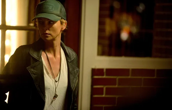 Look, background, Charlize Theron, Charlize Theron, leather jacket, Dark Places