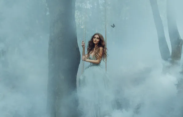 Forest, girl, trees, fog, swing, butterfly, Holly Tandy