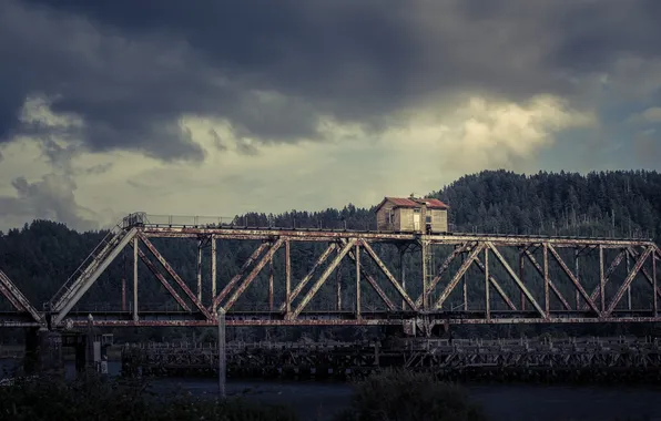 Trees, clouds, bridge, house, architecture, cloudy weather