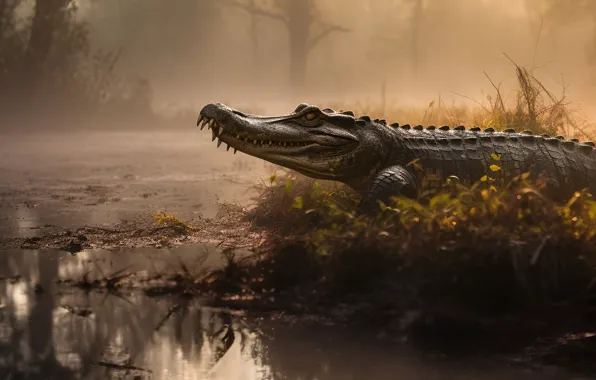 Shore, crocodile, pond, AI art, neural network, the art of artificial intelligence