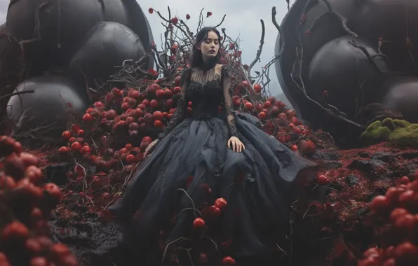 Girl, branches, nature, pose, balls, dress, hill, fantasy